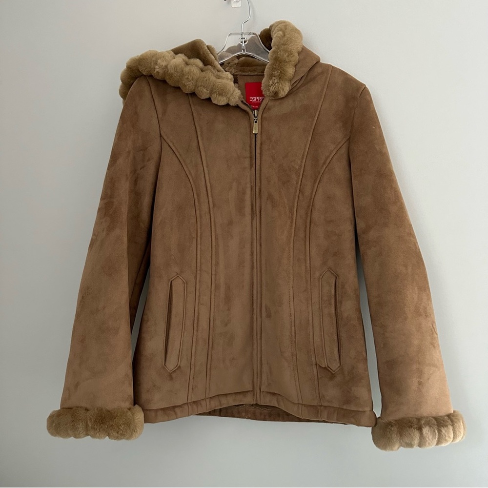 Vintage 90s / y2k Tan Shearling Faux Suede & faux Fur coat with lined hood